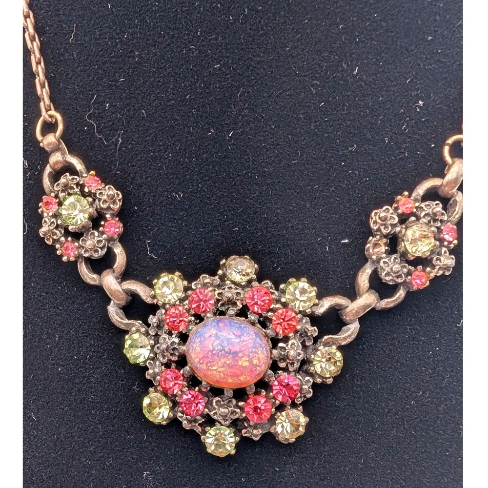 Vintage Coro Faux Opal Rhinestone Necklace Pink Green Floral Silver Tone Retro - Picture 2 of 8